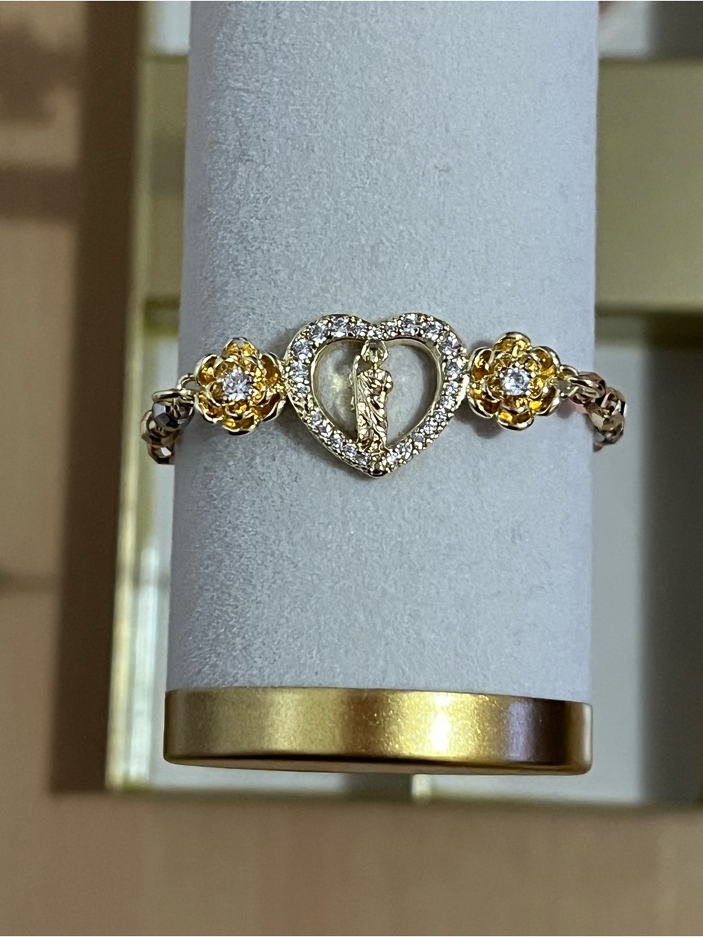 Gold Heart Bracelet with Crystal Accents and Flower Links